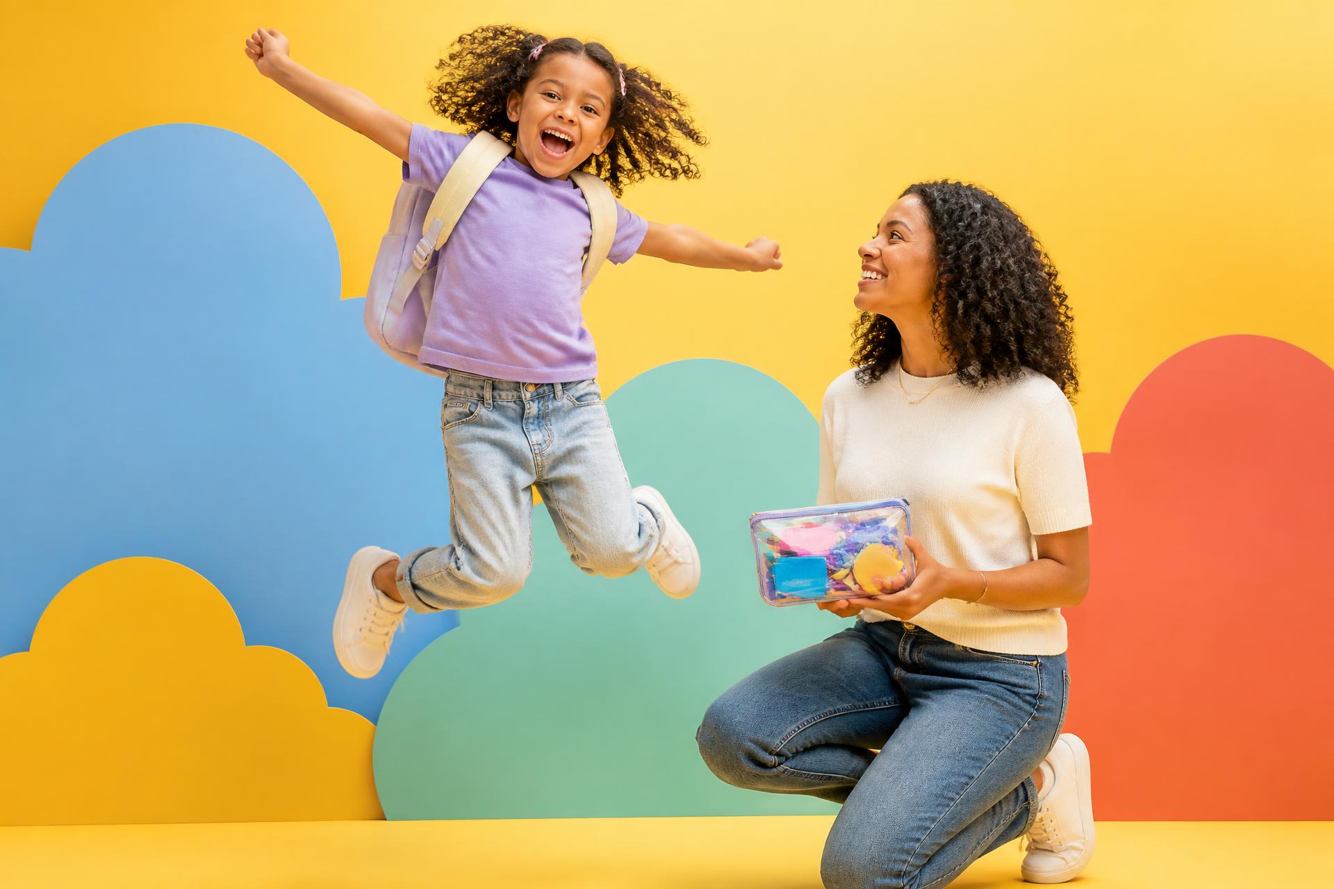 A child leaping with joy as a parent holds a packed school supply kit